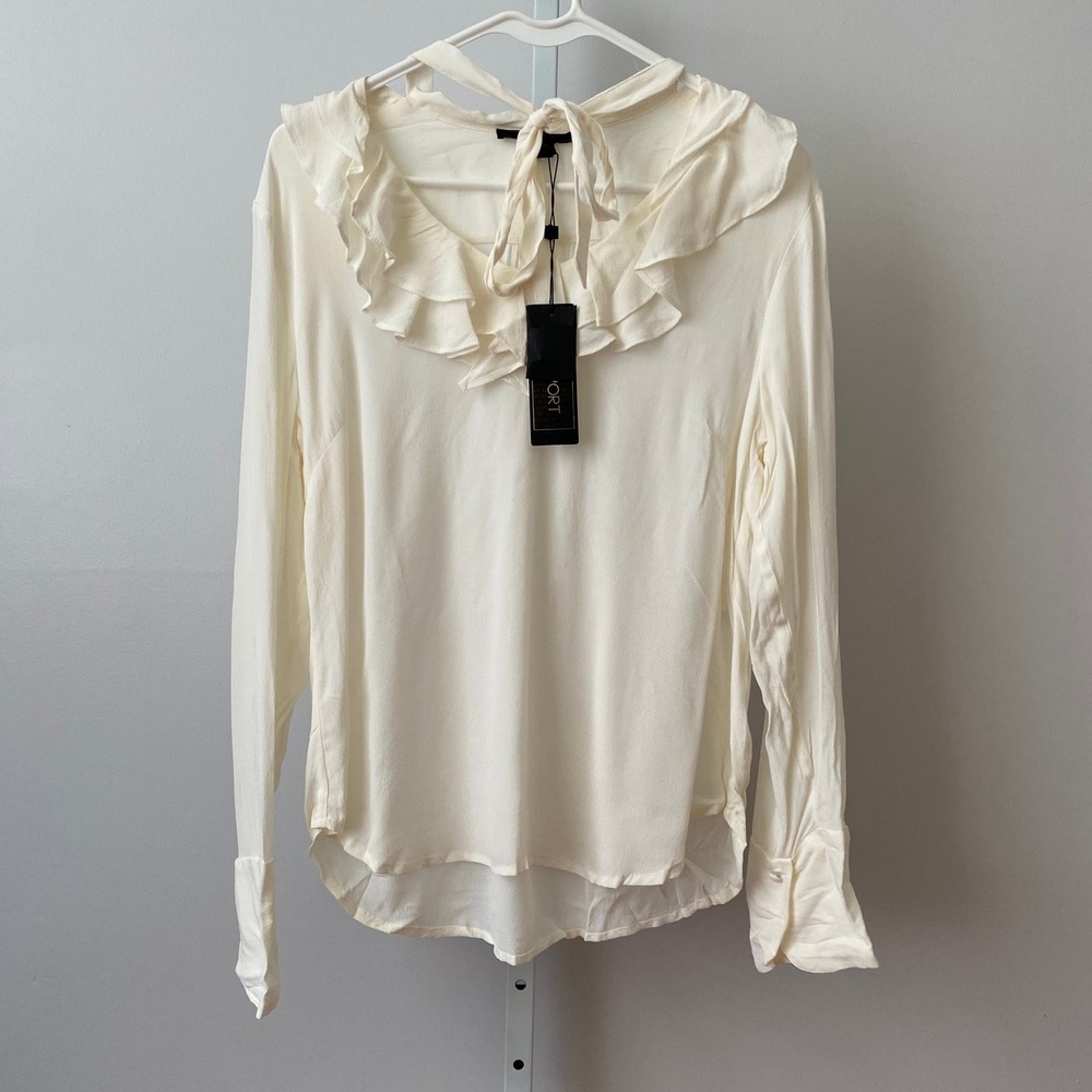 Maxsport Medium Cream Blouse Ruffle Tie Neck Long Sleeve Viscose Rayon Top